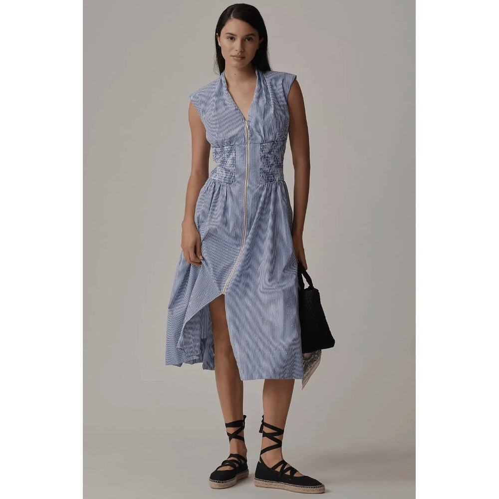 NWT Anthropologie Tommie Shine Smocked Front Zip Studded Stripe Midi Dress Lrg